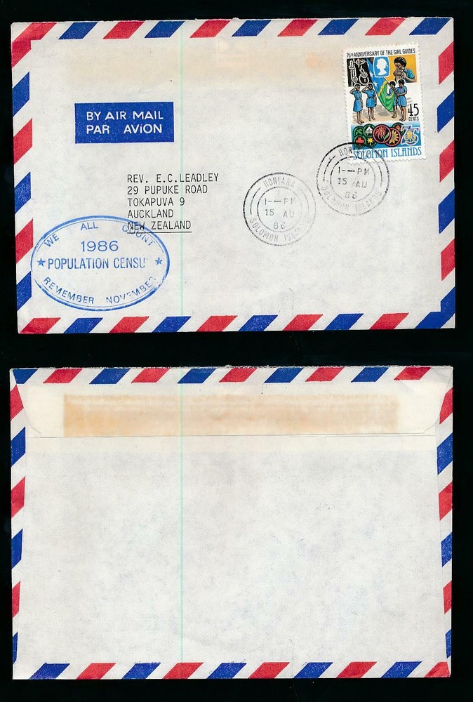BRITISH SOLOMON ISLANDS 1986 POPULATION CENSUS OVAL HANDSTAMP on AIRMAIL