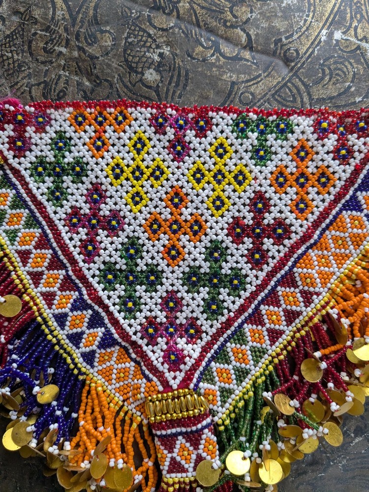 Vintage Kuchi Tribal Beaded Textile Patch Triangular 13" x 9" (19759)