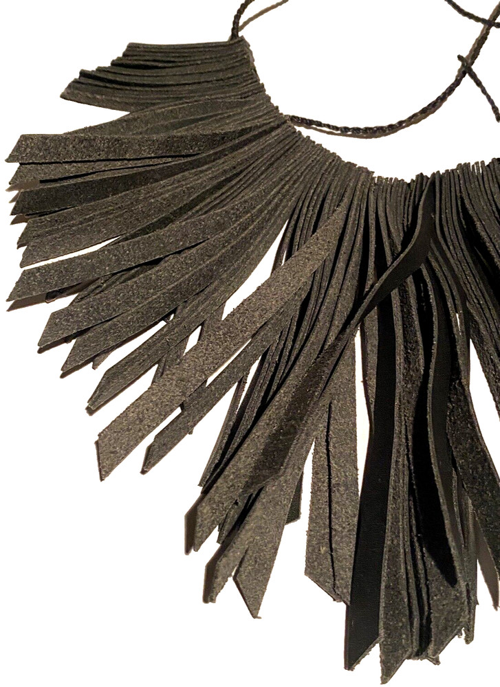 ARTISAN MODERNIST FAUX LEATHER GRADUATED PANEL TIEBACK STATEMENT NECKLACE