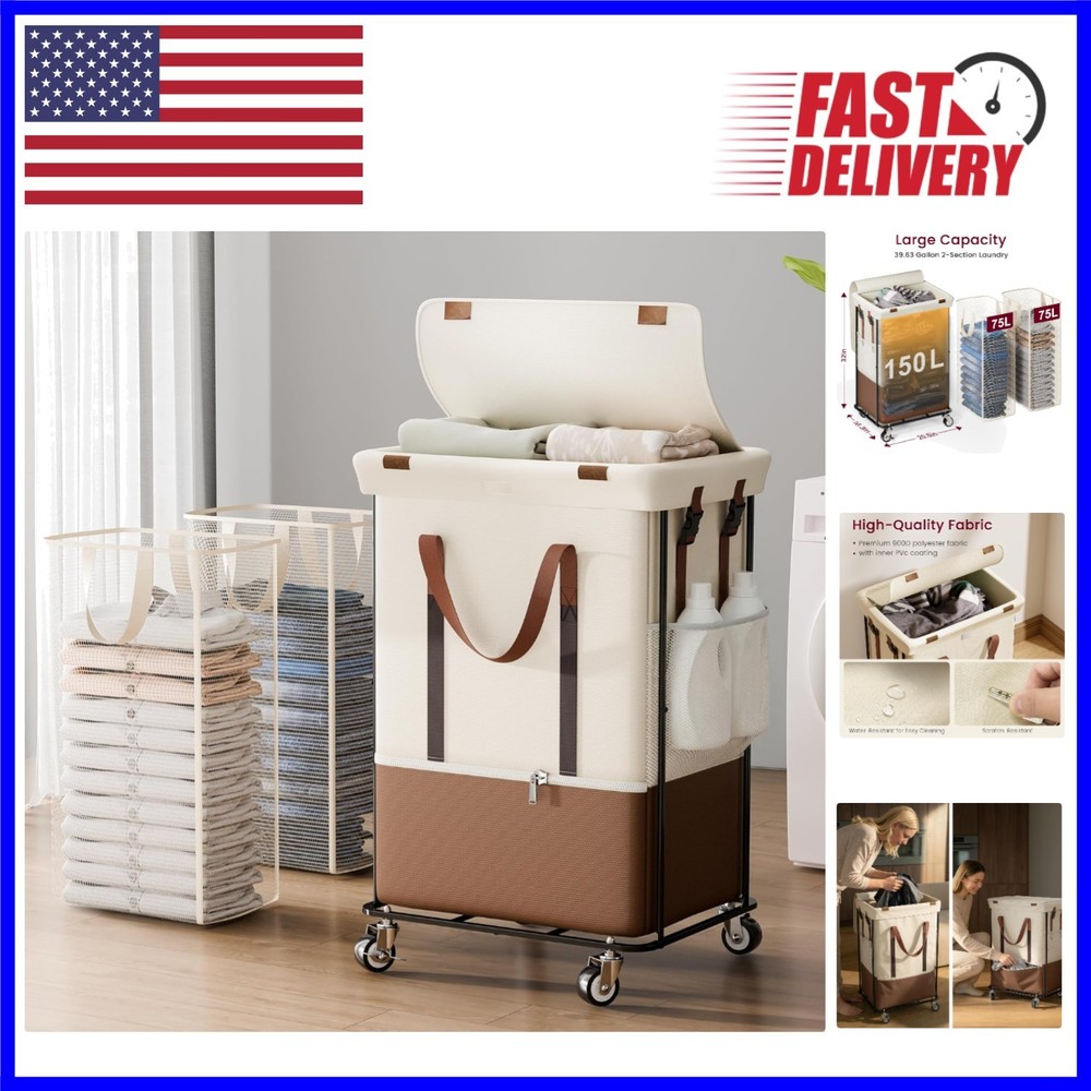 150L Rolling Laundry Basket with Removable Bags for Effortless Organization