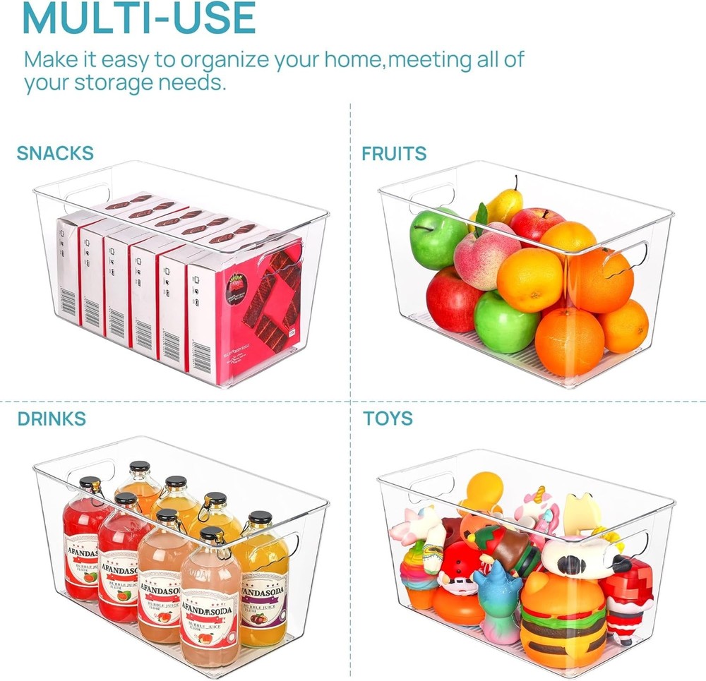6 PCS Clear Plastic Storage Bins, Pantry Organizer Containers with Handle for...