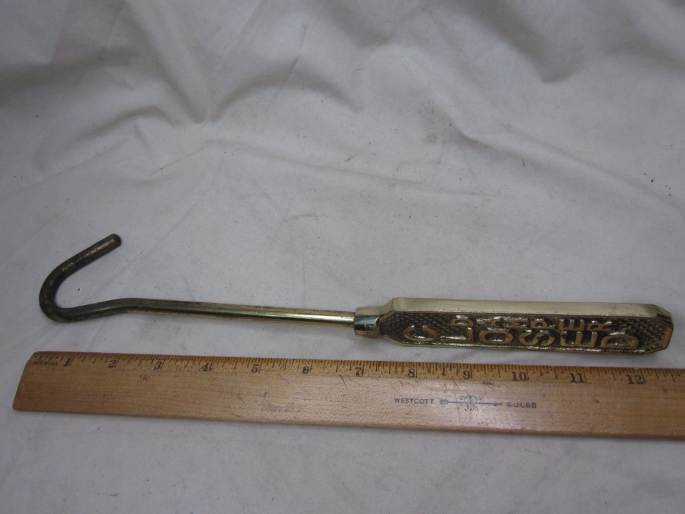 vintage brass DAMPER OPEN CLOSED hook flue pull arm rod handle
