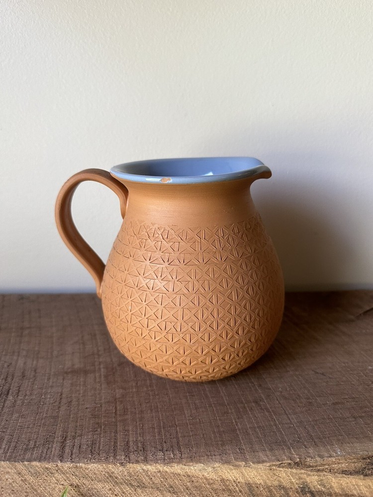 Vintage Terracotta Pitcher With Blue Glazed Interior