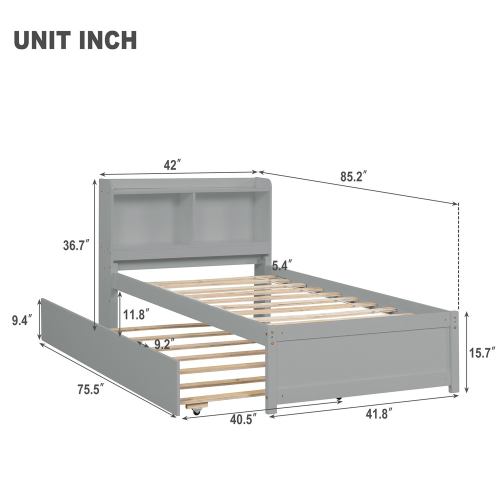 Twin Bed with Trundle Bookcase Grey