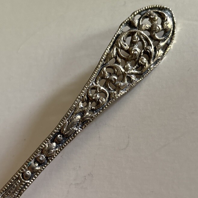 Antique Silver Open Work Scroll Floral  Master Salt Spoon Continental 4.25”