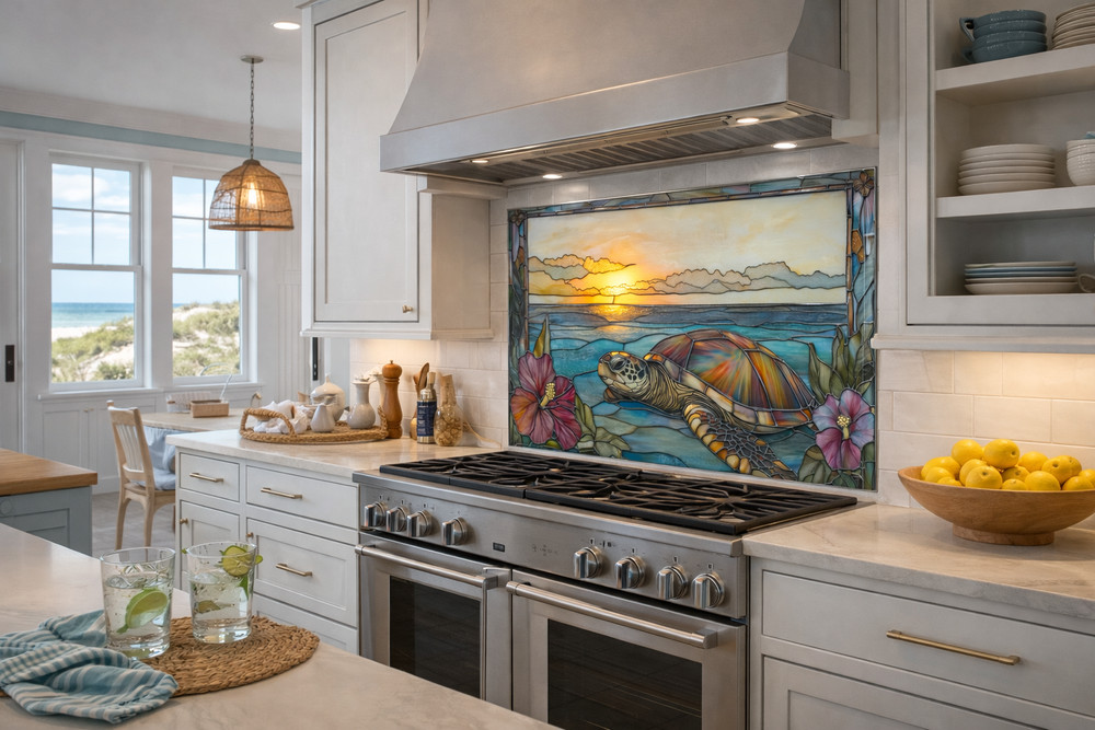 Stained Glass Look Sea Turtle Kitchen Backsplash Panel, Tropical Hibiscus Sunset