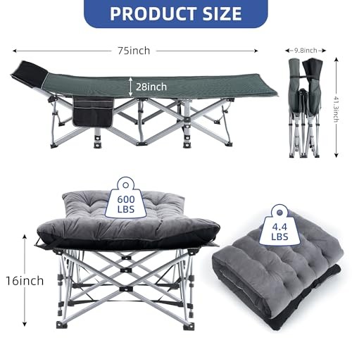 Camping Cot, Sleeping Cots for Adults, Portable Camping cots with Grey + Black
