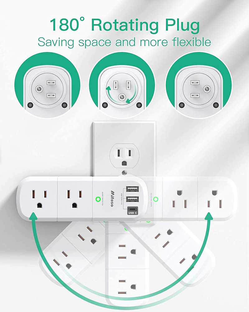 USB Outlet Extender Surge Protector - Mifaso Rotating Plug, 6 AC Multi Plug and
