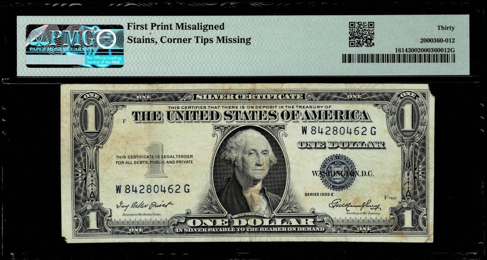 MISALIGNMENT ERROR $1 1935E SILVER CERTIFICATE NOTE, FR#1614 PMG VF30