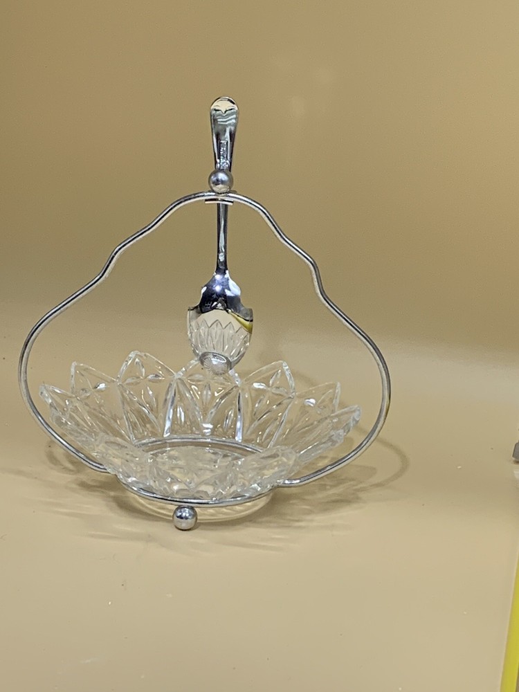PRETTY GLASS GARNISH DISH WITH SPOON