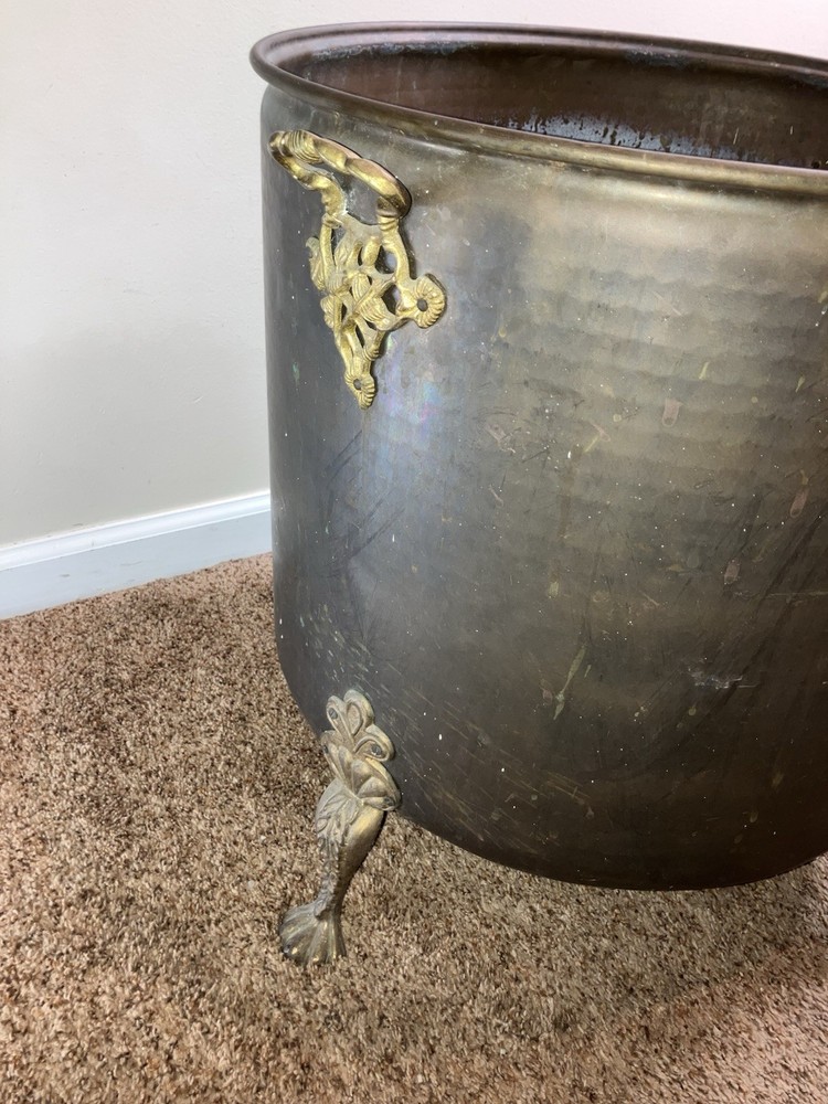 Large Vintage Footed Brass Fireside Coal Bin Log Box Bin Coal Scuttle Purdonium