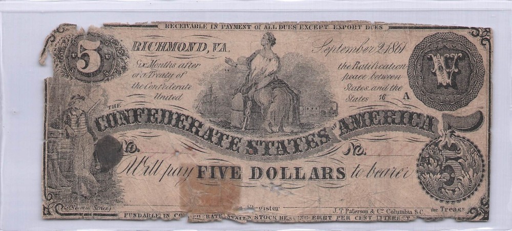 1861  $5 Five Note Confederate Note