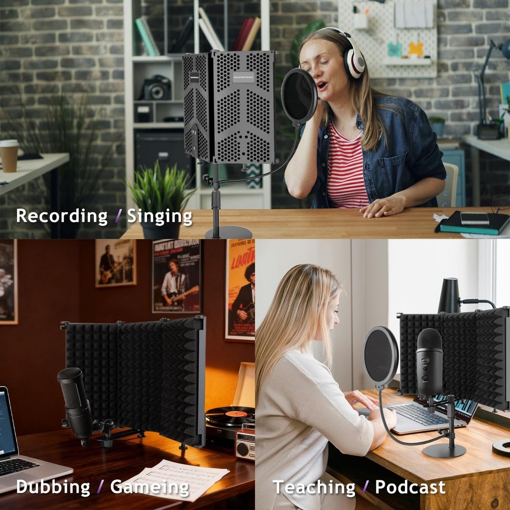 Rigych Microphone Isolation Shield, 3 Panels Sound Proof Mic Shield with Mic ...