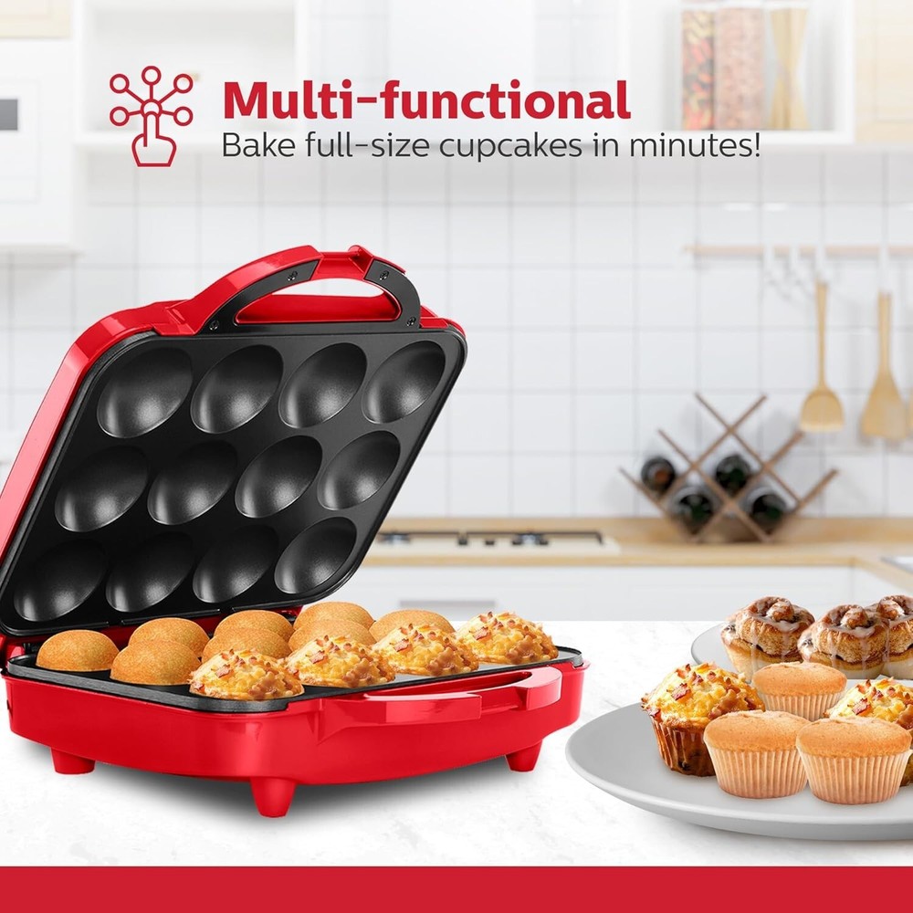 Cupcake Maker, Non-Stick Coating, Red - Makes 12 Full Size Cupcakes, Muffins