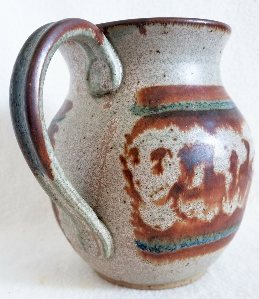 Pottery Pitcher Vase 6" Rustic Clay Grey and Brown Signed