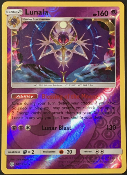 Lunala - 102/236 - Reverse Holo Rare - Cosmic Eclipse - NM/M