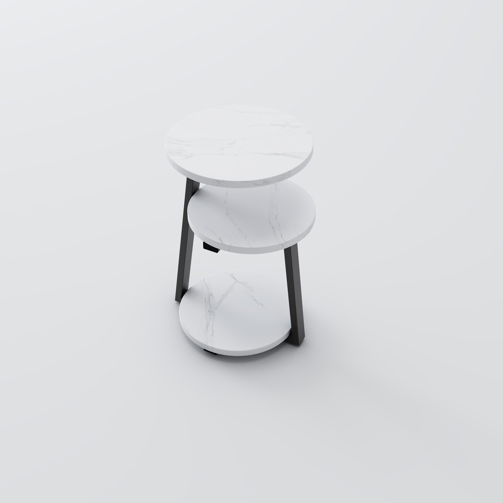 Small Round Side Table with 3-Tier Storage - White Black End Table, Sturdy Met
