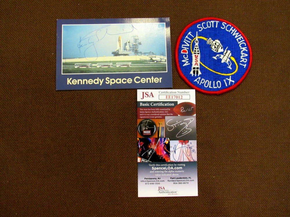 RUSTY SCHWEICKART APOLLO 9 ASTRONAUT SIGNED AUTO VTG KSC POSTCARD WITH PATCH JSA