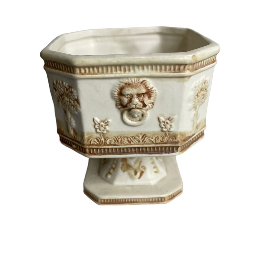 Vintage Norleans Ceramic Octagonal Planter Compote Lion Tree Relief Japan Footed