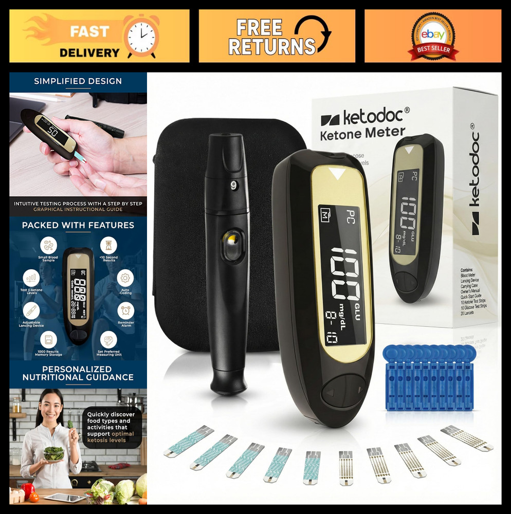 Ketone Testing Kit - Auto-Coding Slim Meter, 10 Test Strips, 20 Lancets for Keto