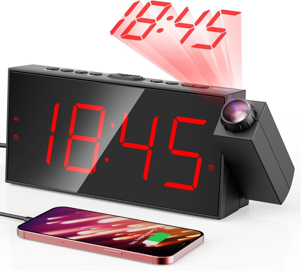 Projection Alarm Clock, Digital with Projection, Red Digits,