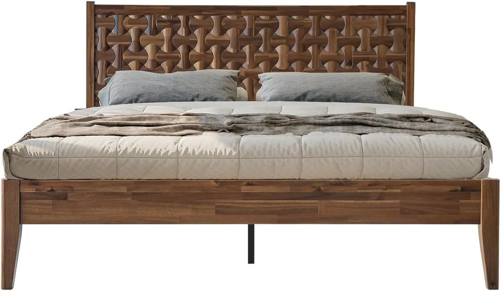 King Size Solid Wood Bed Frame with Headboard & Footboard Platform Bed, 12