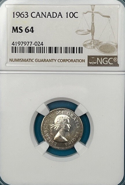 1963 Canada Silver 10c Dime NGC MS 64 toned