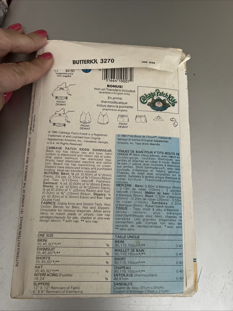 3270 Butterick Cabbage Patch Kids Clothes Pattern Uncut 1985