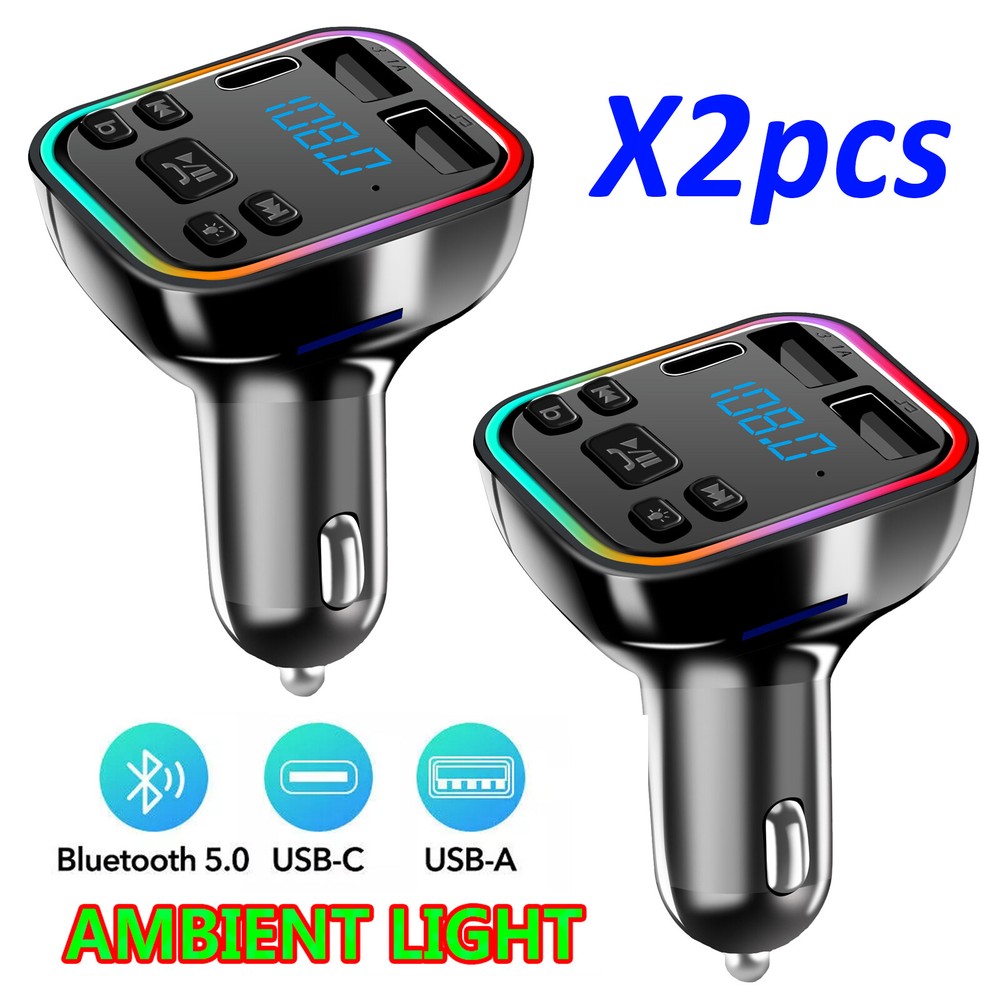 2pc Bluetooth5.0 Car Wireless FM Transmitter Adapter 2USB PD Charger Hands-Free