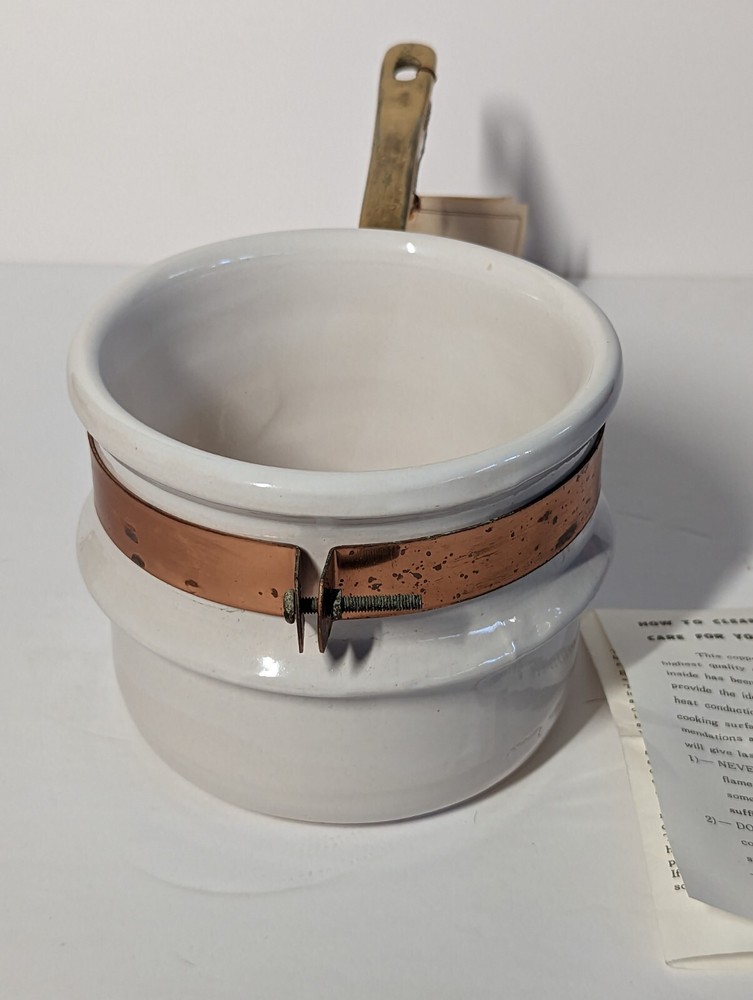 Vintage White Ceramic Pot With Copper Band And Brass Handle
