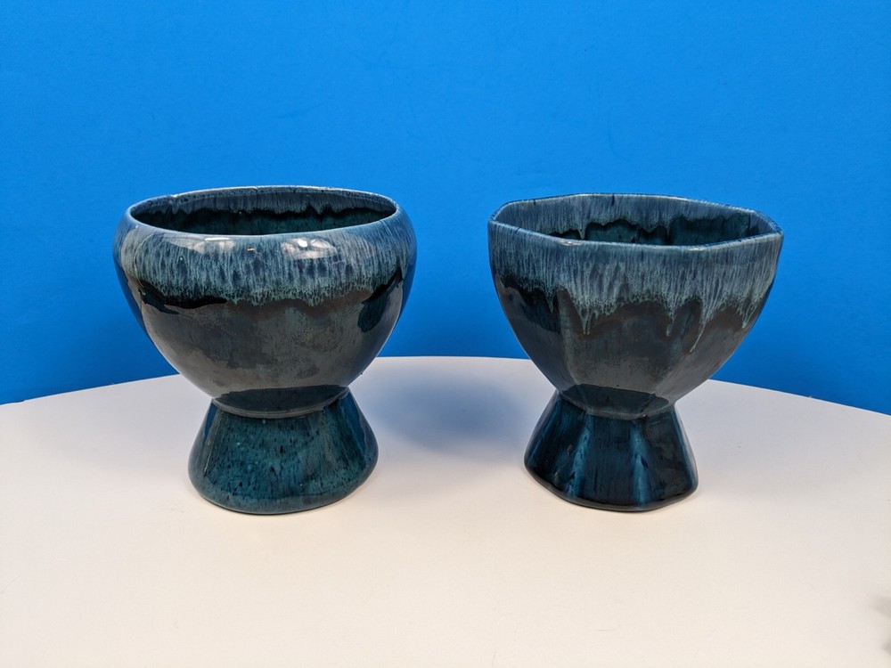 Blue Drizzle Planter Art Pottery Holders Stonewashed Glazed Pedestal Pair