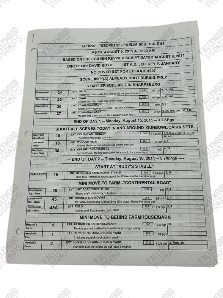 Prelim Shooting Schedule S2E7 The Walking Dead