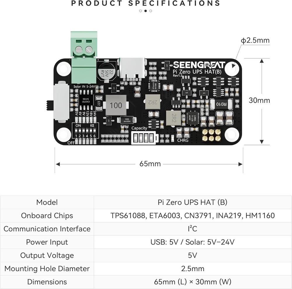 UPS HAT Raspberry Pi Zero,5V Solar Power Supply 5V-24V Input I2C Battery