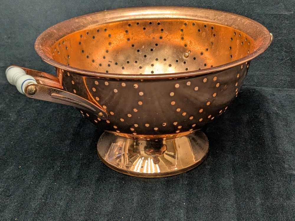Vintage Copper Colander Hearts Ceramic White Blue Handles
