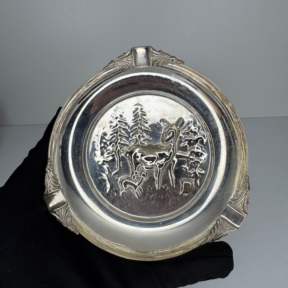 Vintage Solid 830 Silver Ashtray – 57.6g Scandinavian Deer Forest Design