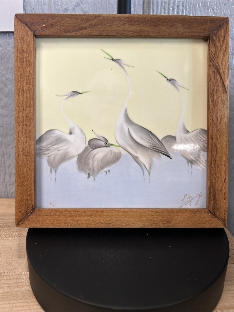 Vintage Art Tile Framed Signed Hand-Painted Cranes