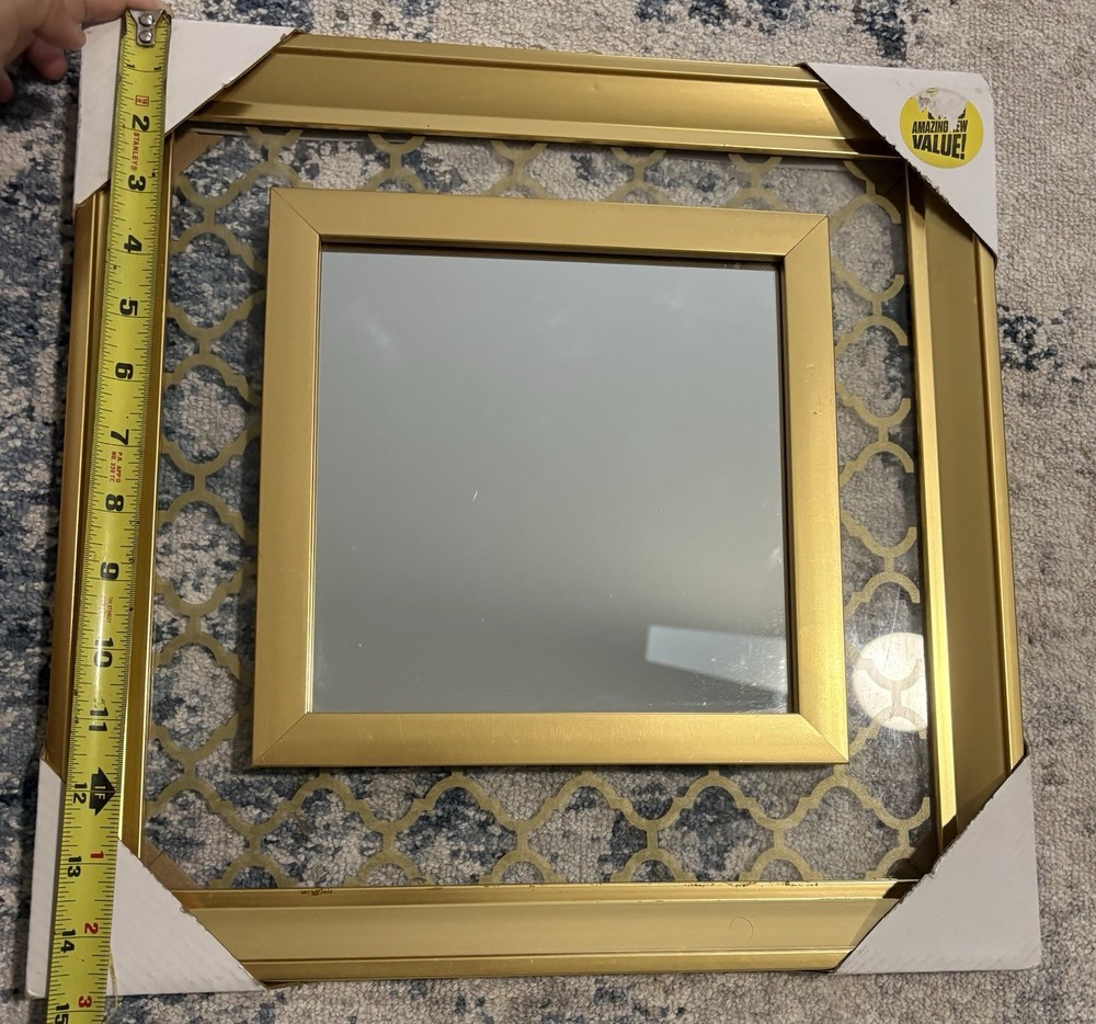 Gold Metal Framed Square Accent Mirror Decorative Pattern Modern Wall Mounted