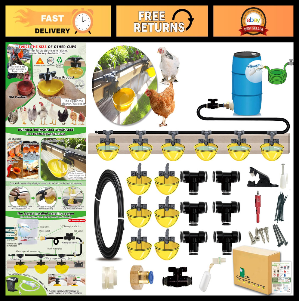 Automatic Chicken Waterer System - Complete Set with Quick-Connect, 18ft Pipelin