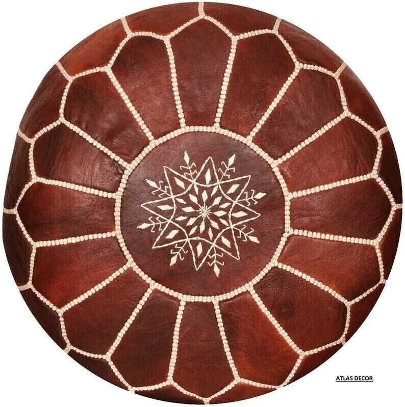 Large Stitched Moroccan Boho Round Leather Foot Rest Pouf Pouffe Ottoman