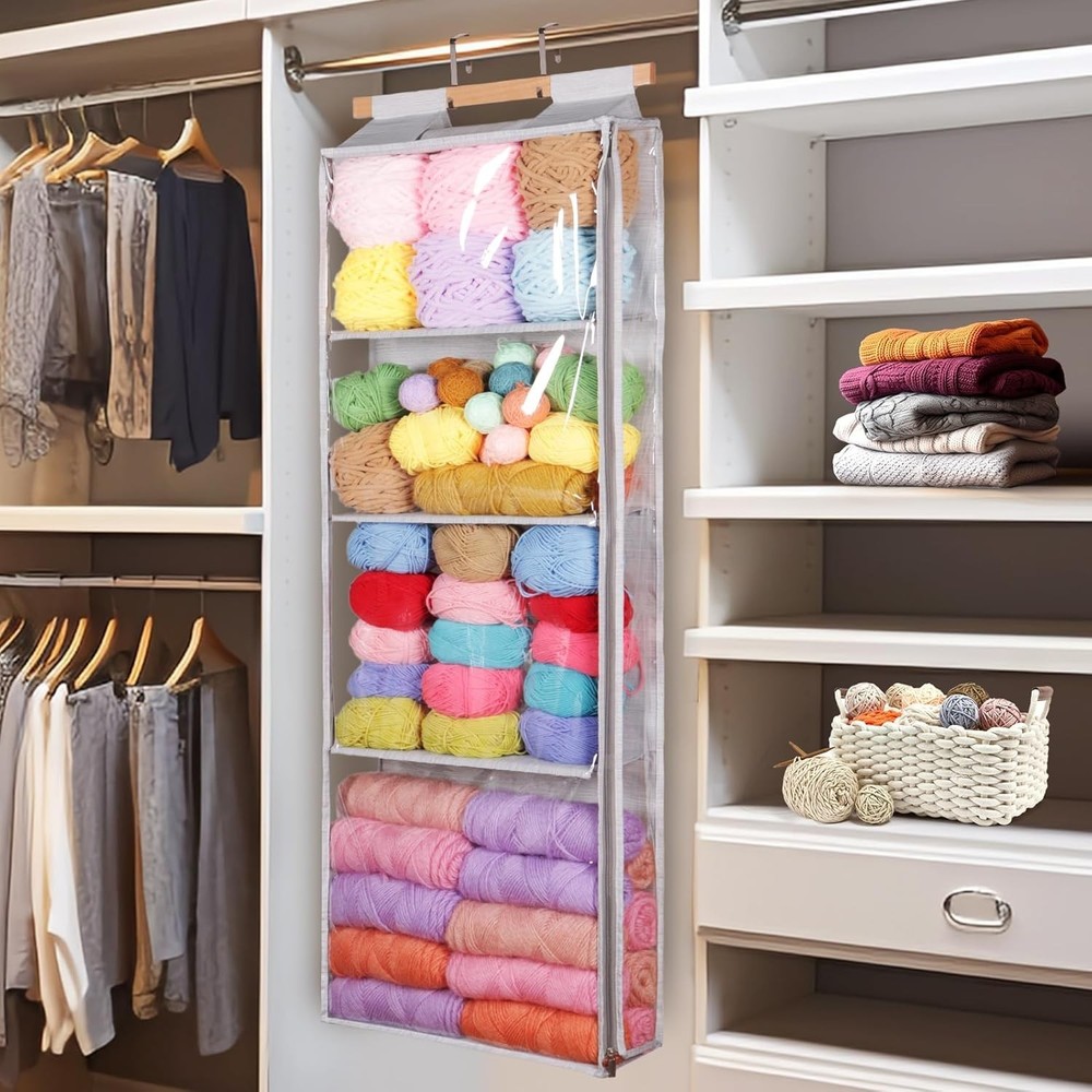 Yarn Storage Organizer with 4 Large Pockets Durable Dustproof Hanging Solution