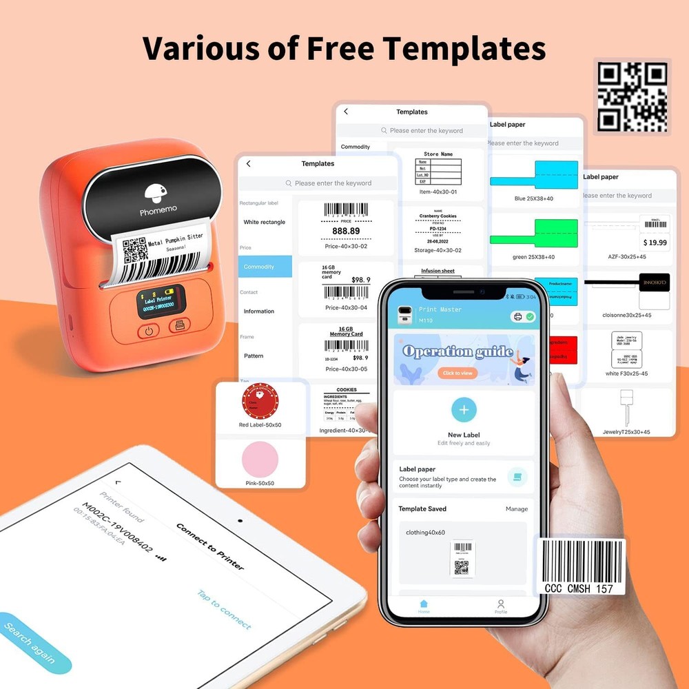 Phomemo M110 Portable Mini Thermal Label Printer Mobile Bluetooth +3 Rolls Paper