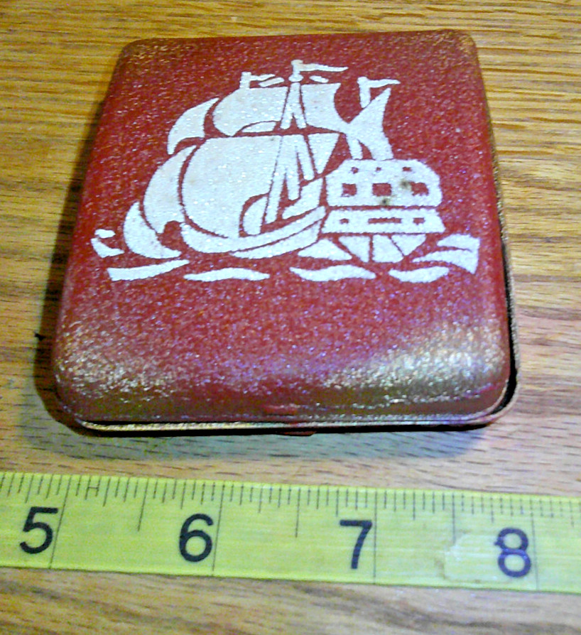 vintage original Metal Cigarette Case with sailing ship on front nice condition