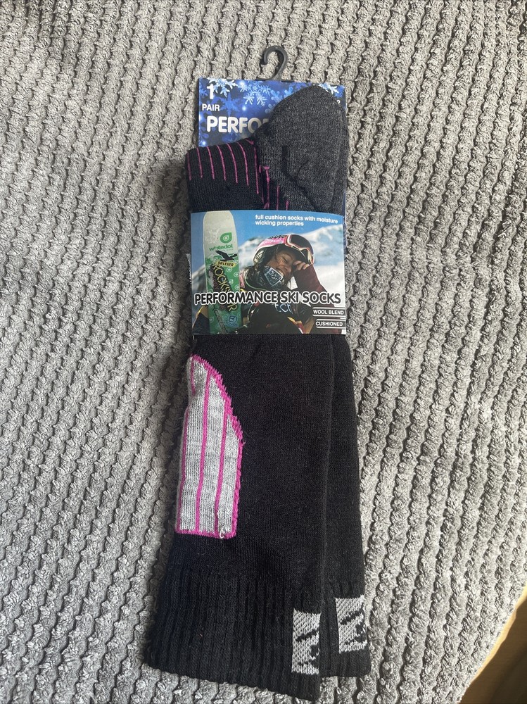 Performance Ski Socks, UK 4-8, Wool Blend Cushioned, Black/Pink