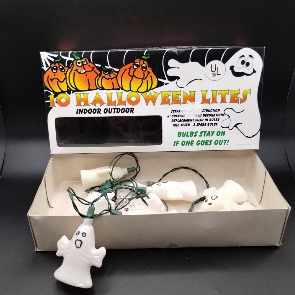 Vtg Halloween Plastic Ghosts String Light Set With Box Double Sided