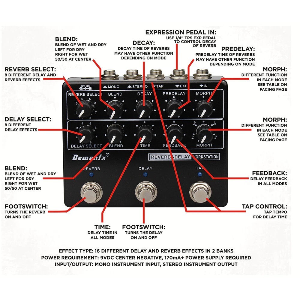 Demonfx RDW Reverb Delay Workstation Guitar Effect Pedal Multi Effects