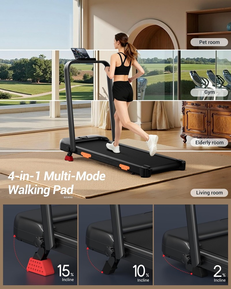 3-in-1 Foldable Treadmill with 300 LBS Capacity, 15% Walking Pad Deep Black