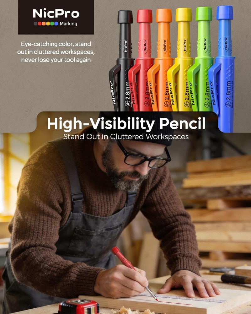 Nicpro 6 Pack CP3000 Carpenter Pencils with Sharpener, Mechanical Pencil Set