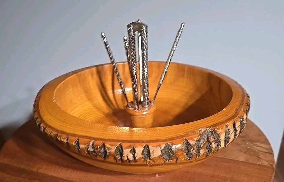 Vintage Nut Cracker & Picks Set Tree Bark Wood Bowl