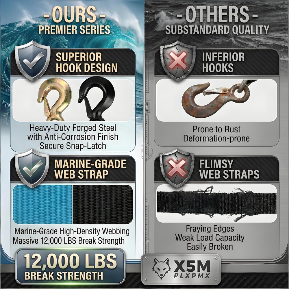 Heavy Duty Boat Trailer Winch Strap with Safety Hook & Protective Work Gloves...