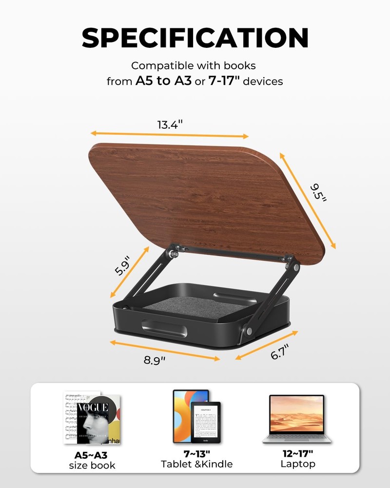 Adjustable Book Stand for Reading with Storage – 360° Rotating Base Height Ad...